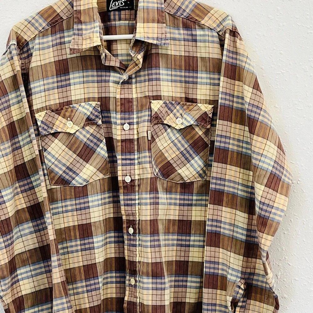Vintage Mens L Levi's Western Shirt Button Front Brown Blue Plaid Long‎ Sleeve